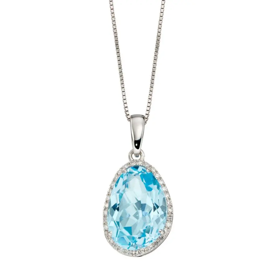 9Ct White Gold Irregular Cut Blue Topaz & Diamond Halo Cluster Pendant 1