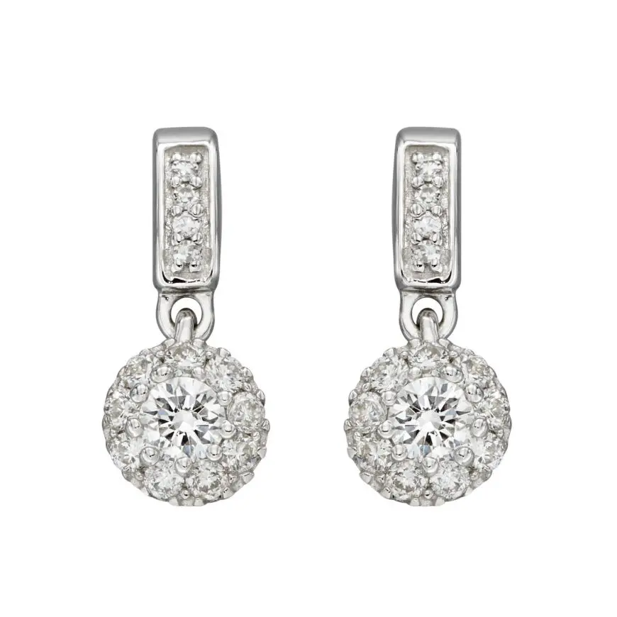 9Ct White Gold Round Brilliant Cut Diamond Halo Cluster Drop Earrings 1
