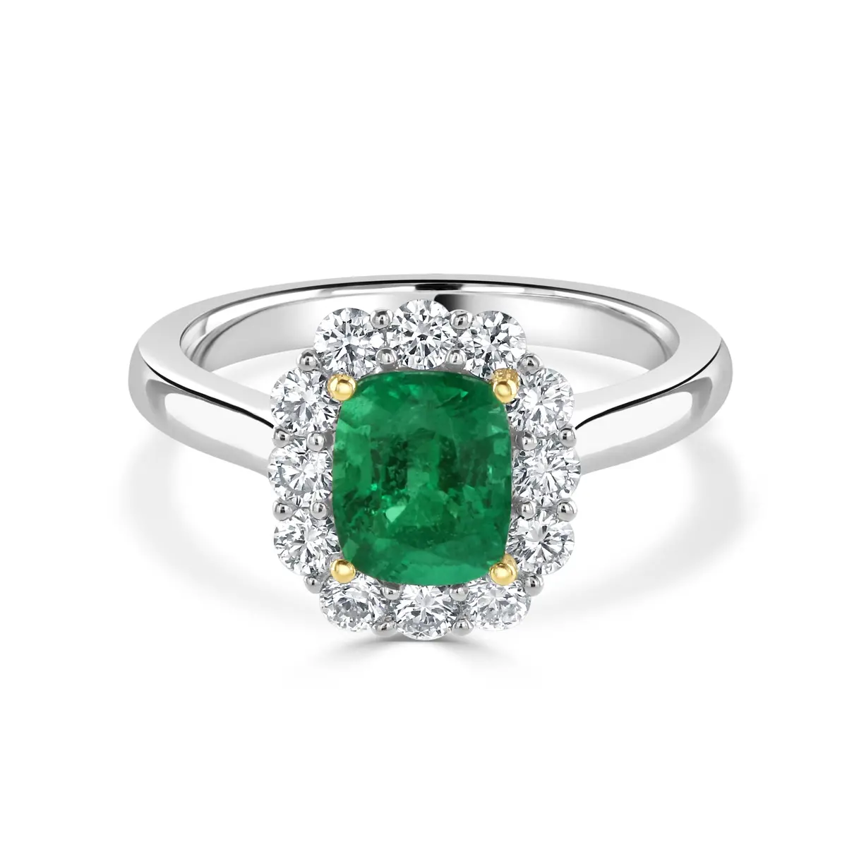 Platinum & 18Ct Yellow Gold Cushion Cut Emerald & Diamond Halo Cluster Ring 1