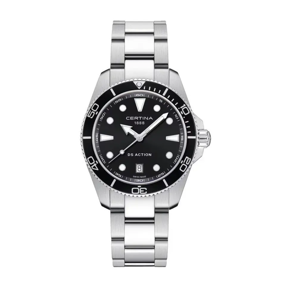 Certina Ds Action 40Mm Quartz Watch. Black Dial Stainless Steel Bracelet. 1