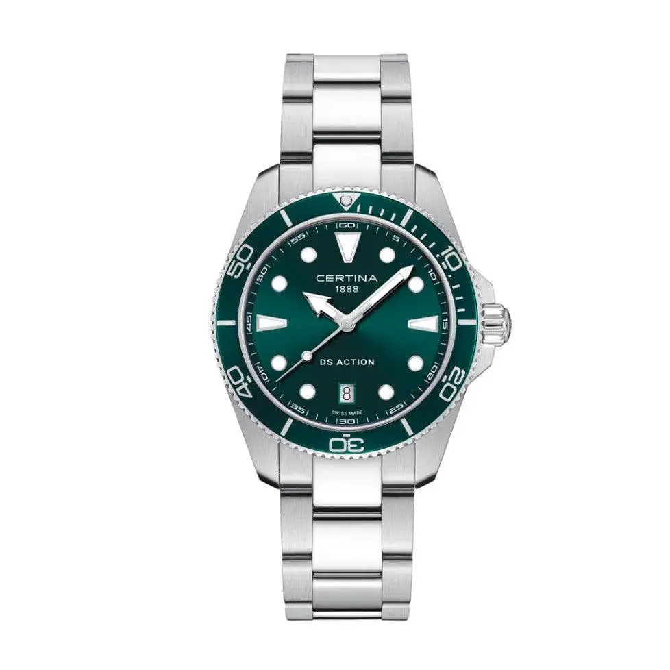 Certina Ds Action 40Mm Quartz Watch. Green Dial Stainless Steel Bracelet. 1