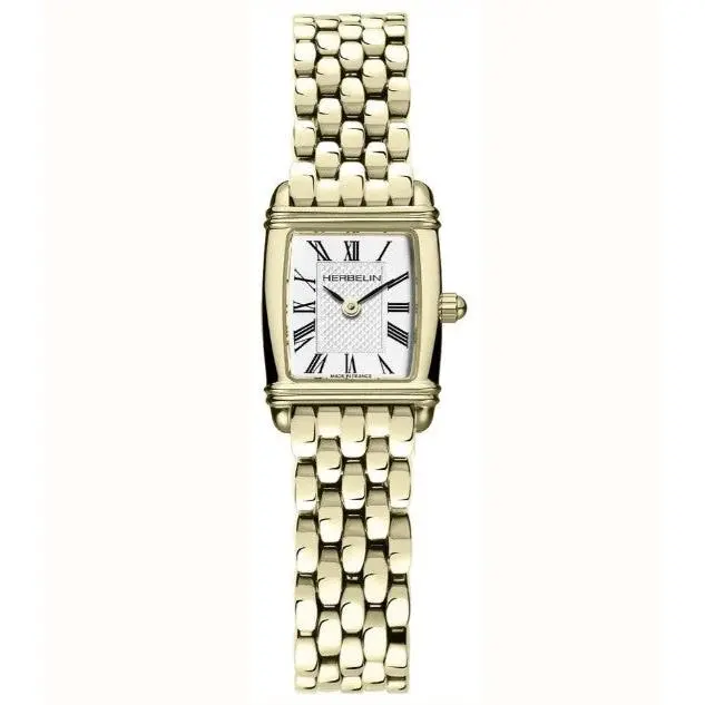 Herbelin Art Deco Mini Tonneau Quartz Watch. White Dial With Roman Numerals Gold Pvd Bracelet. 1