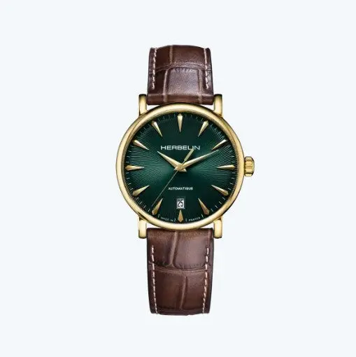 Herbelin Inspiration Automatic Watch. Green Dial, Gold Pvd Case And Brown Leather Strap 1