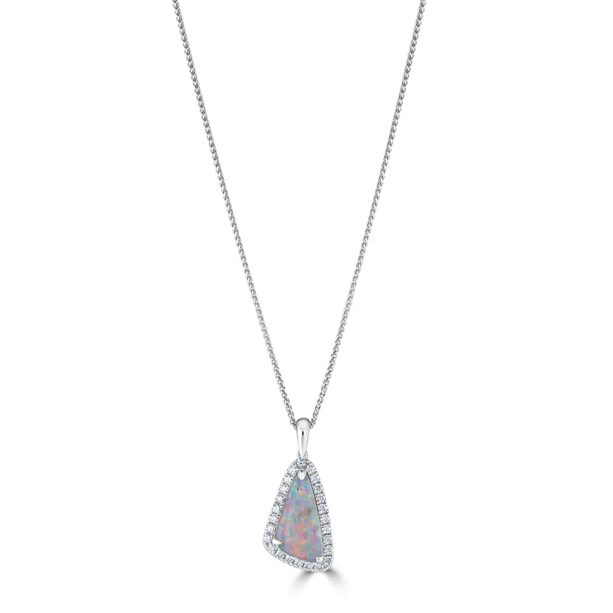 18Ct White Gold Triangular Opal & Diamond Halo Cluster Pendant 1