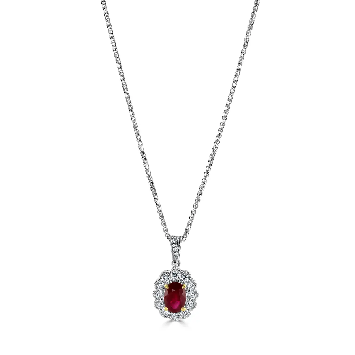 18Ct Yellow & White Gold Oval Cut Ruby & Diamond Cluster Pendant 1