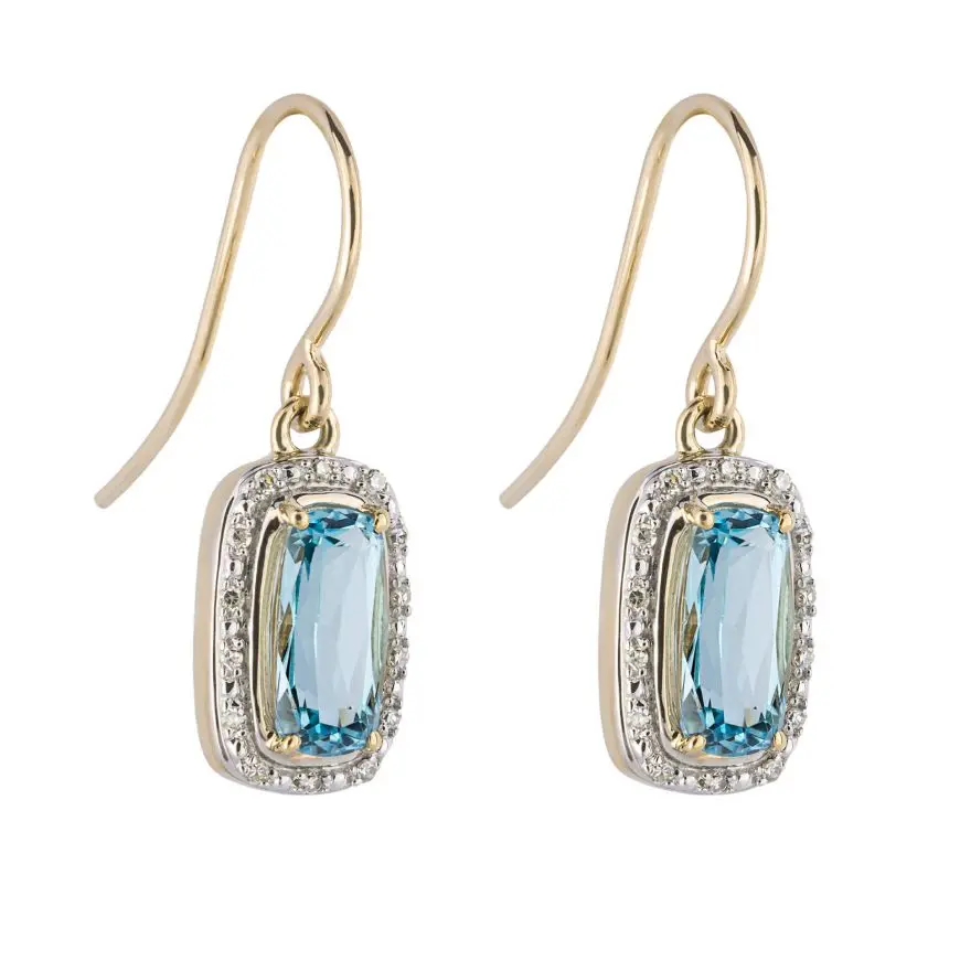 9Ct Yellow Gold Blue Topaz & Diamond Drop Earrings 1