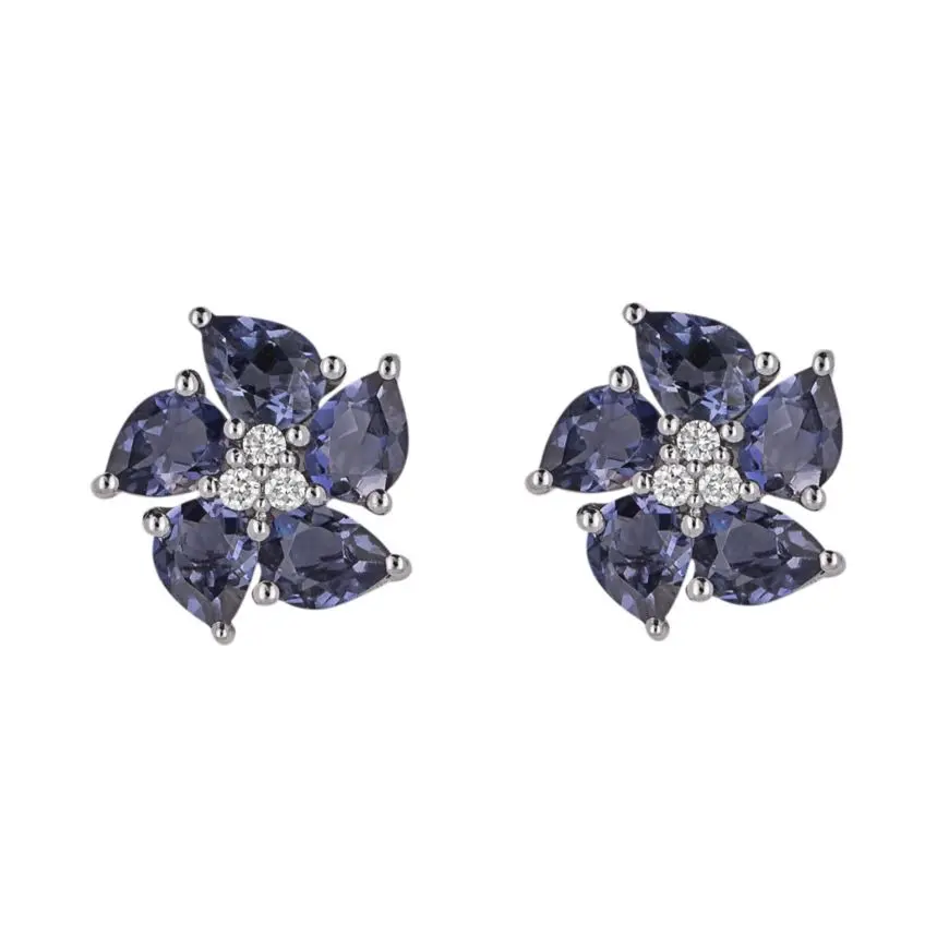 9Ct White Gold Iolite & Diamond Peony Stud Earrings 1