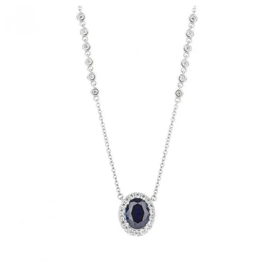 Silver Oval Blue & White Cubic Zirconia Halo Cluster Pendant 1
