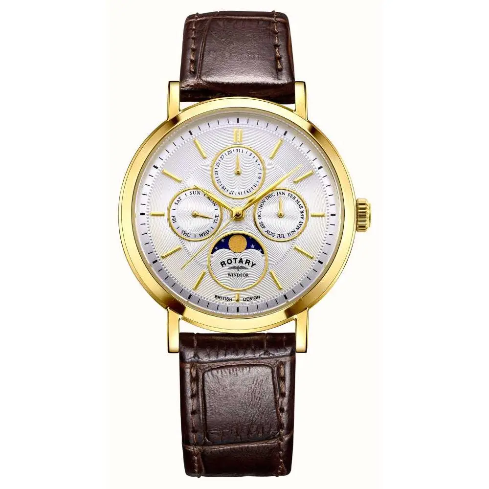 Windsor Ypvd Silv Bat Dial Calndr Mnphse Brwn Lthr Strp Qtz Wtch 1