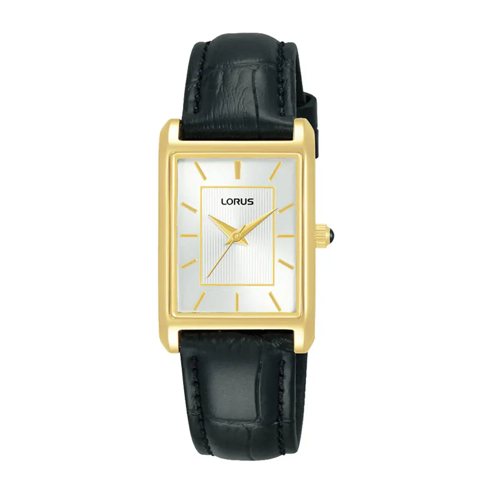 Classic Ladys Yellow Gold Coated Rectangular Dial Black Leather Strap Watch 1
