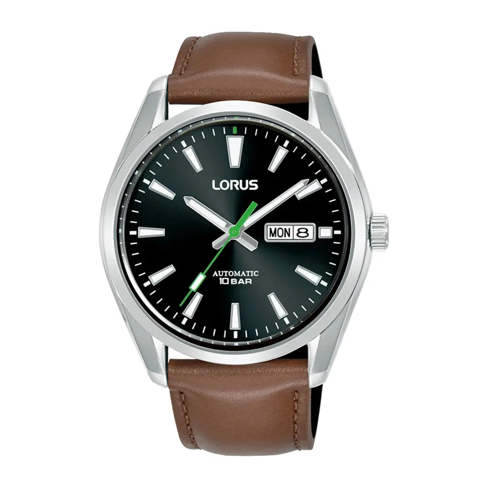 Gents Stainless Steel Black Dial Automatic Leather Strap Watch 1