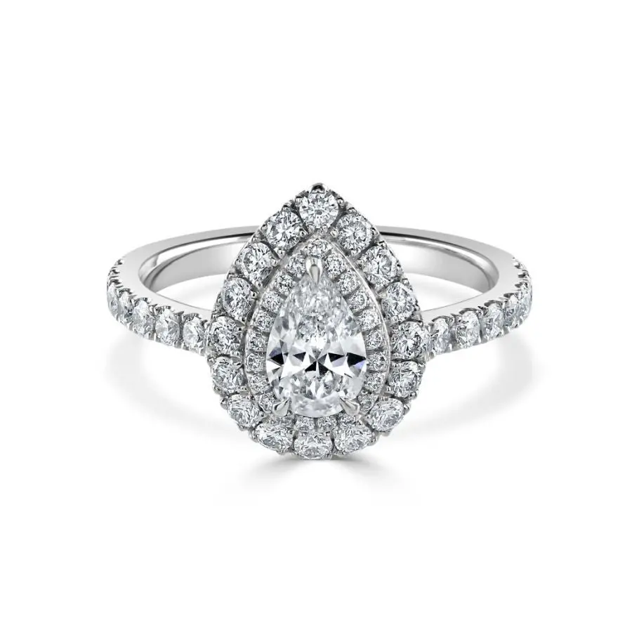 Platinum Pear Shaped Diamond Double Halo Cluster Ring With Diamond Shoulders 1