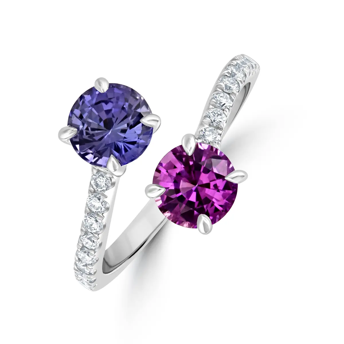 18Ct White Gold Pink & Purple Sapphire & Diamond Crossover Ring 1
