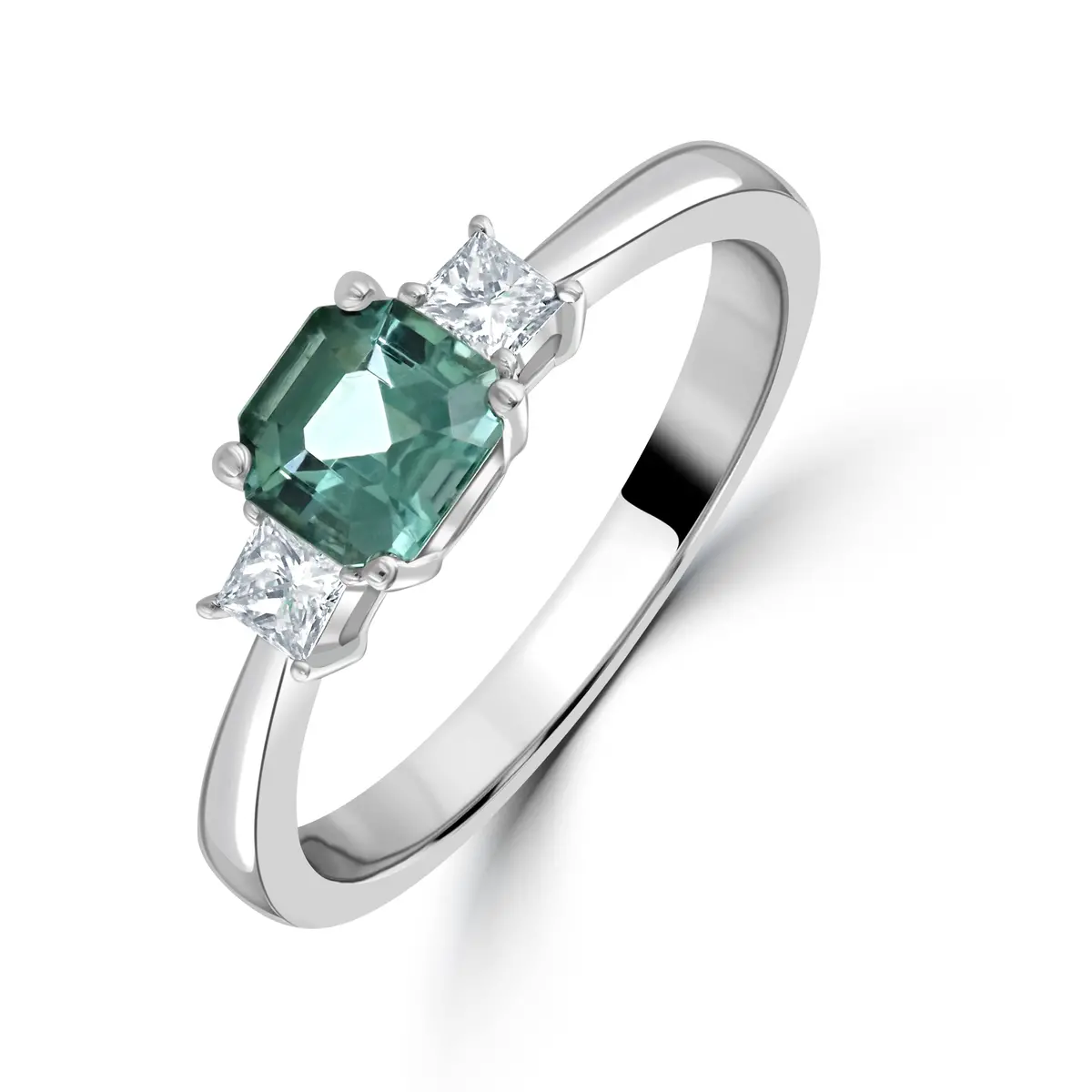 Platinum Octagonal Blue-Green Tourmaline & Diamond Trilogy Ring 1