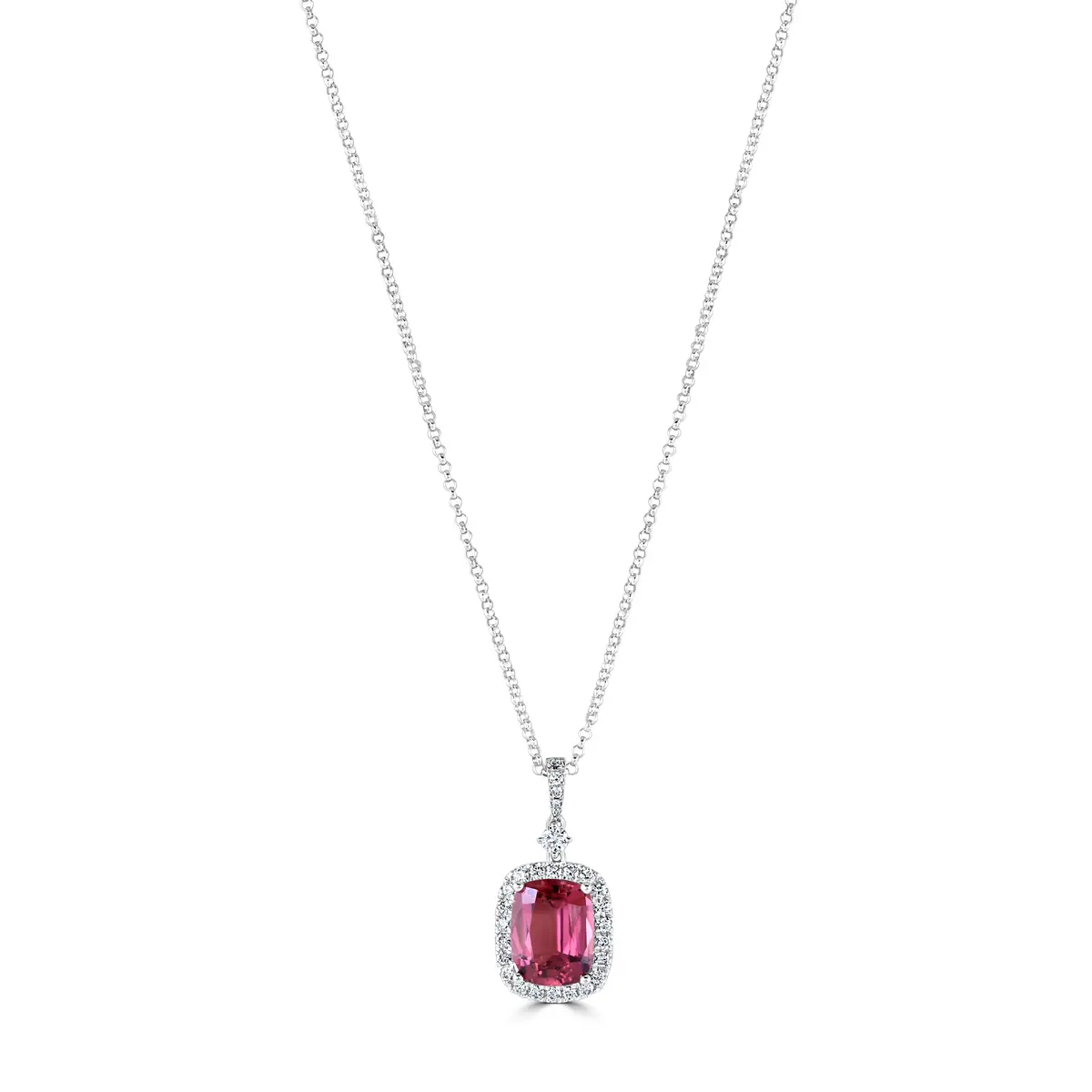 18Ct White Gold Pink Tourmaline & Diamond Halo Cluster Pendant 1