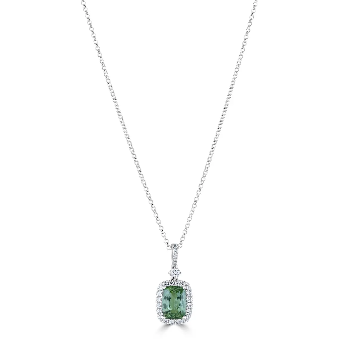 18Ct White Gold Green Tourmaline & Diamond Halo Cluster Pendant 1