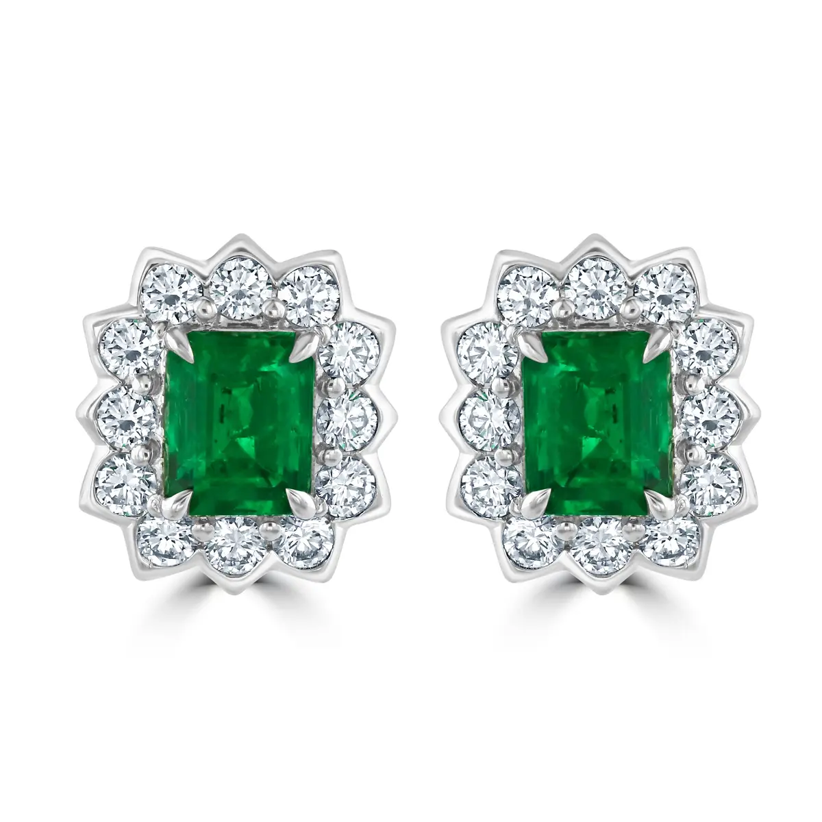 18Ct White Gold Rectangular Cut Emerald & Diamond Halo Cluster Earrings 1