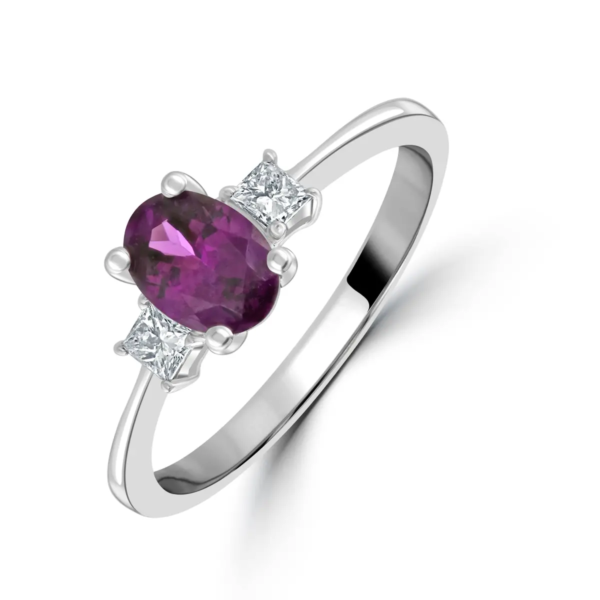 18Ct White Gold Oval Purple Garnet & Diamond Trilogy Ring 1