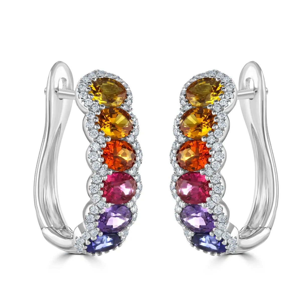 18Ct White Gold Multi-Coloured Sapphire & Diamond Hoop Earrings 1