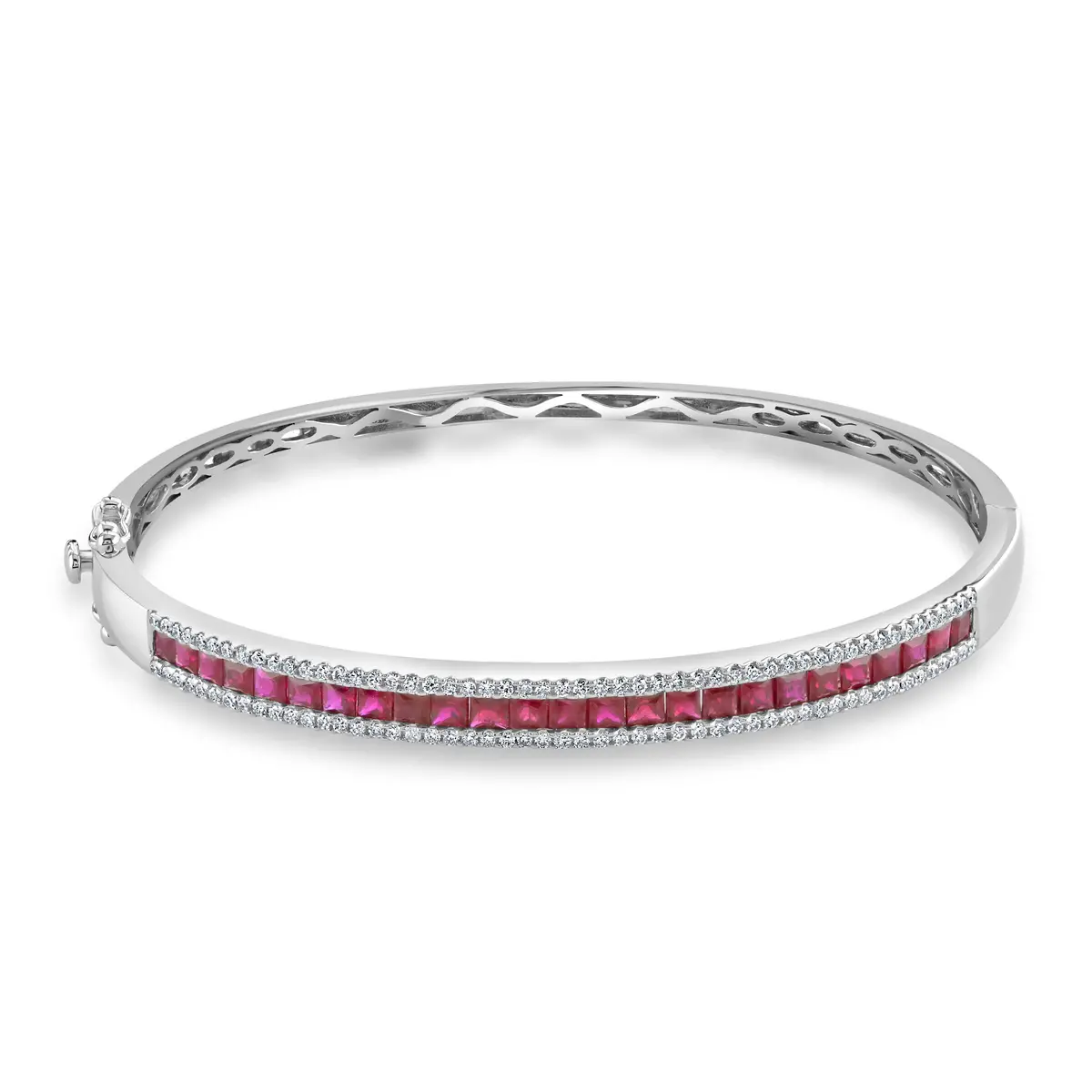 18Ct White Gold Princess Cut Ruby & Diamond Hinged Bangle 1