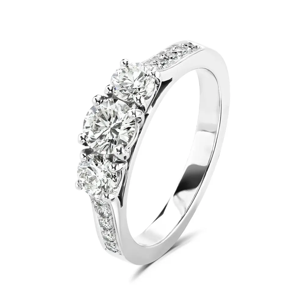Platinum Round Brilliant Cut Diamond Trilogy Ring With Diamond Shoulders 1