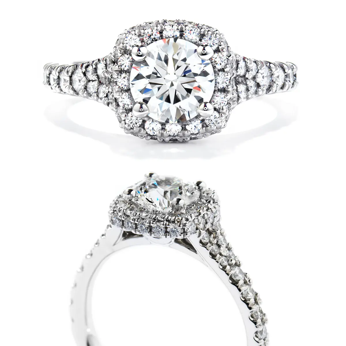 18Ct White Gold Acclaim Round Brilliant Cut Diamond Cushion Halo Cluster Ring With Diamond Shoulders 1