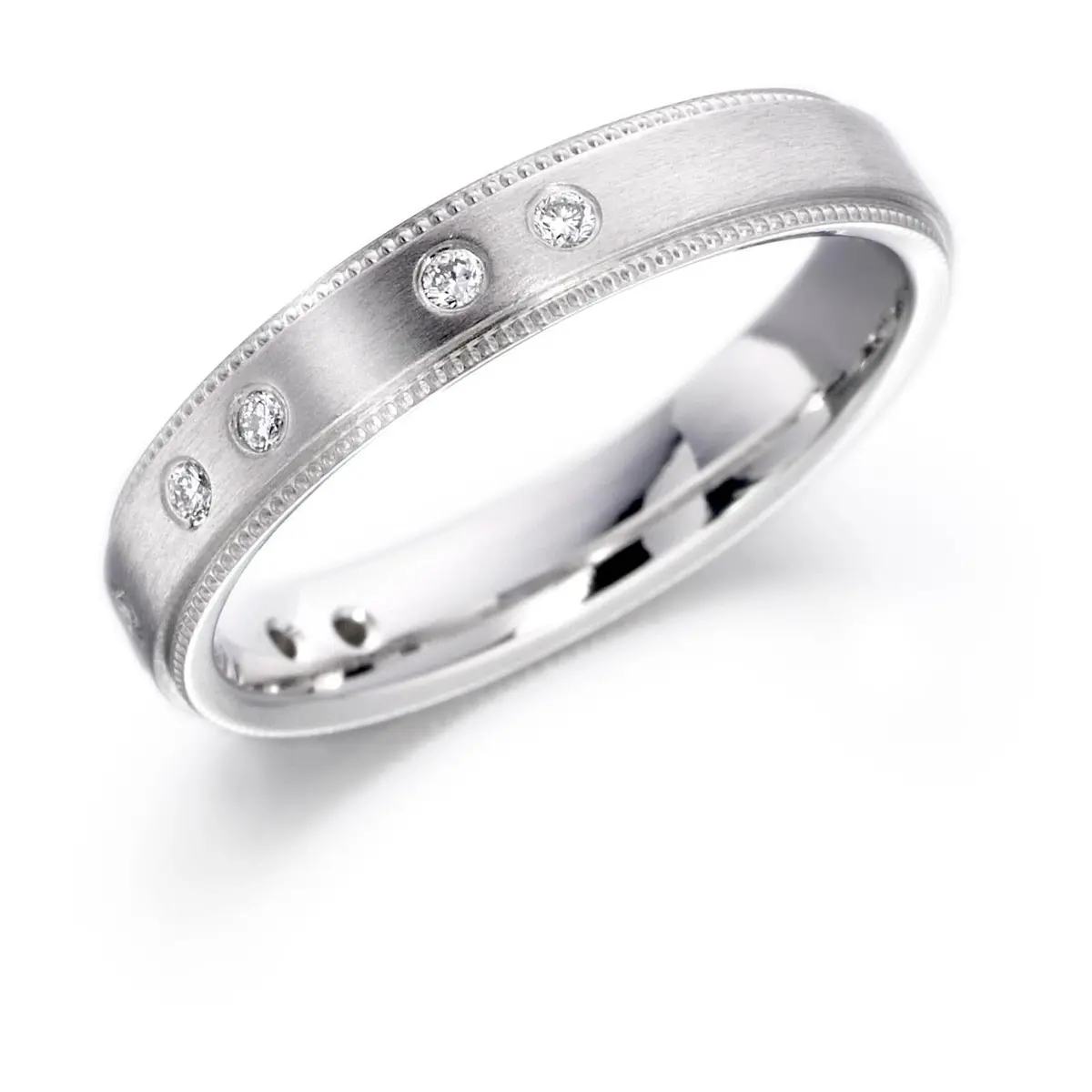 18Ct White Gold Matt & Bead Edge Diamond Band 1