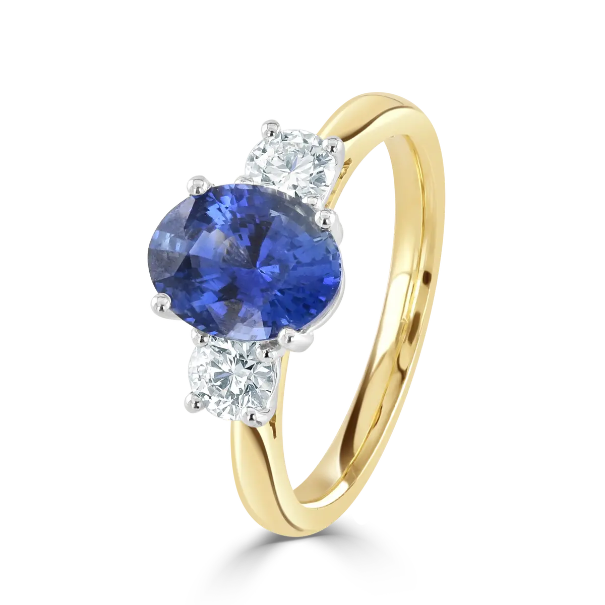 18Ct Yellow Gold Oval Cut Sapphire & Round Brilliant Cut Diamond Trilogy Ring 1