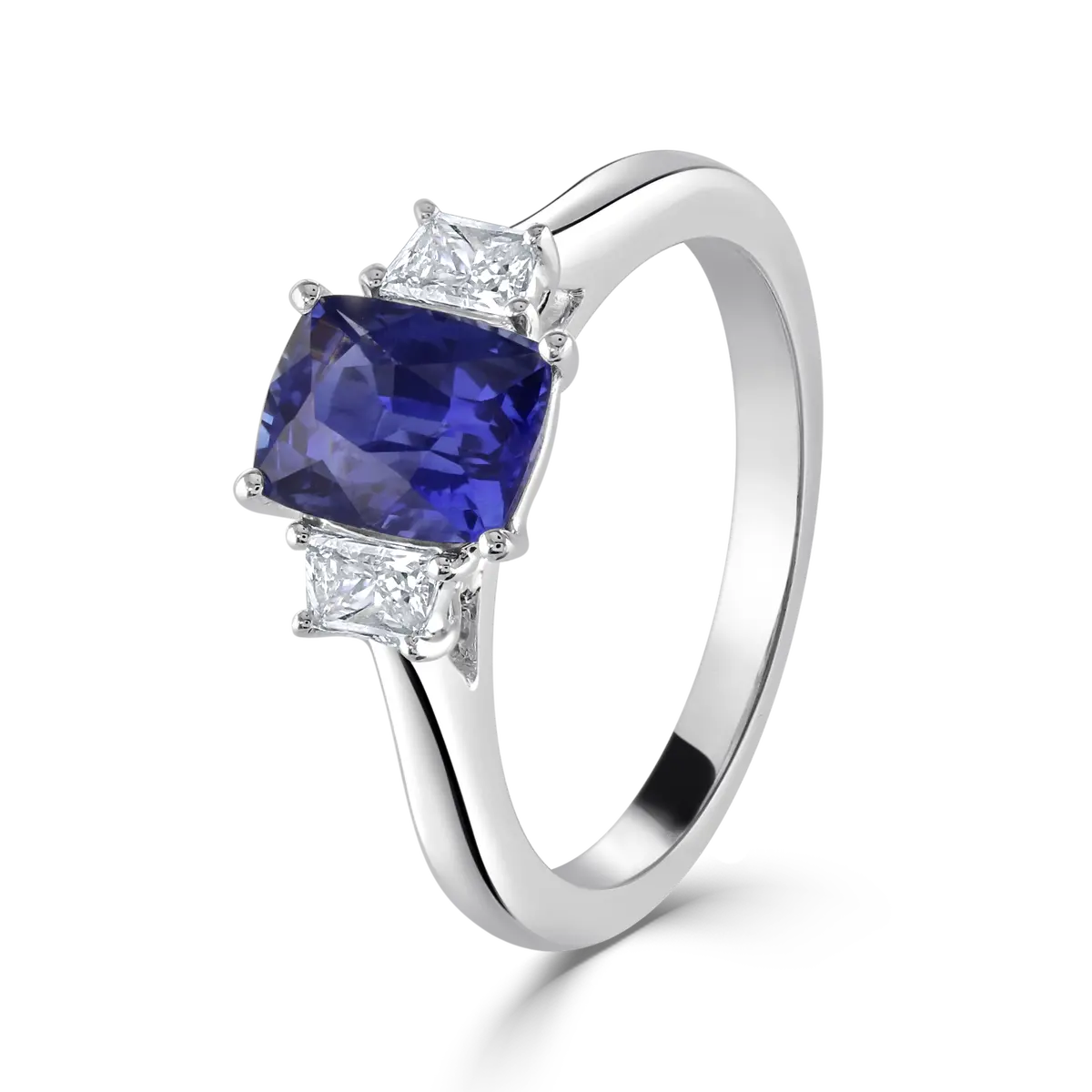 Platinum Cushion Cut Sapphire & Trapezoid Cut Diamond Trilogy Ring 1