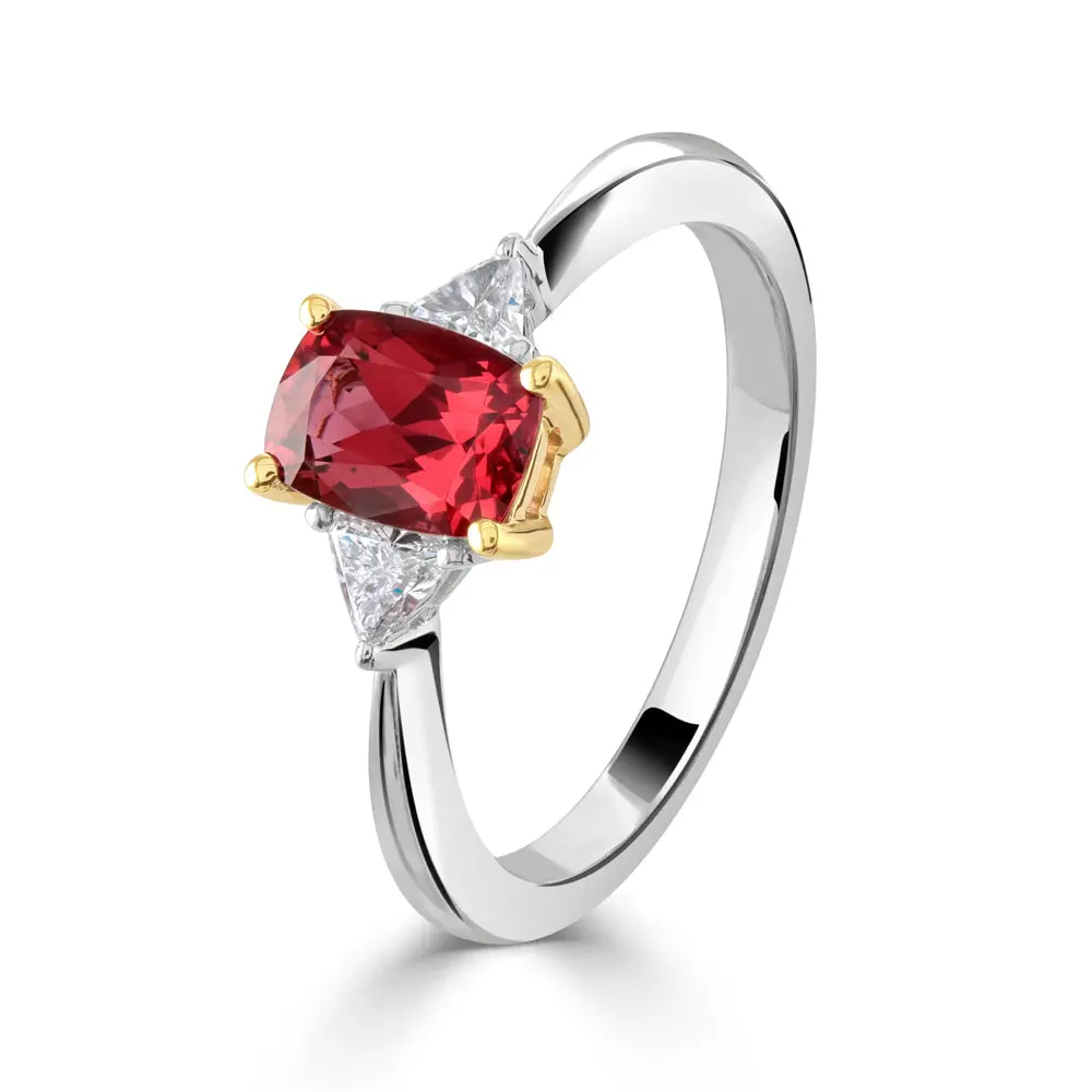 18Ct White & Yellow Gold Rectangular Red Spinel & Trilliant Cut Diamond Trilogy Ring 1
