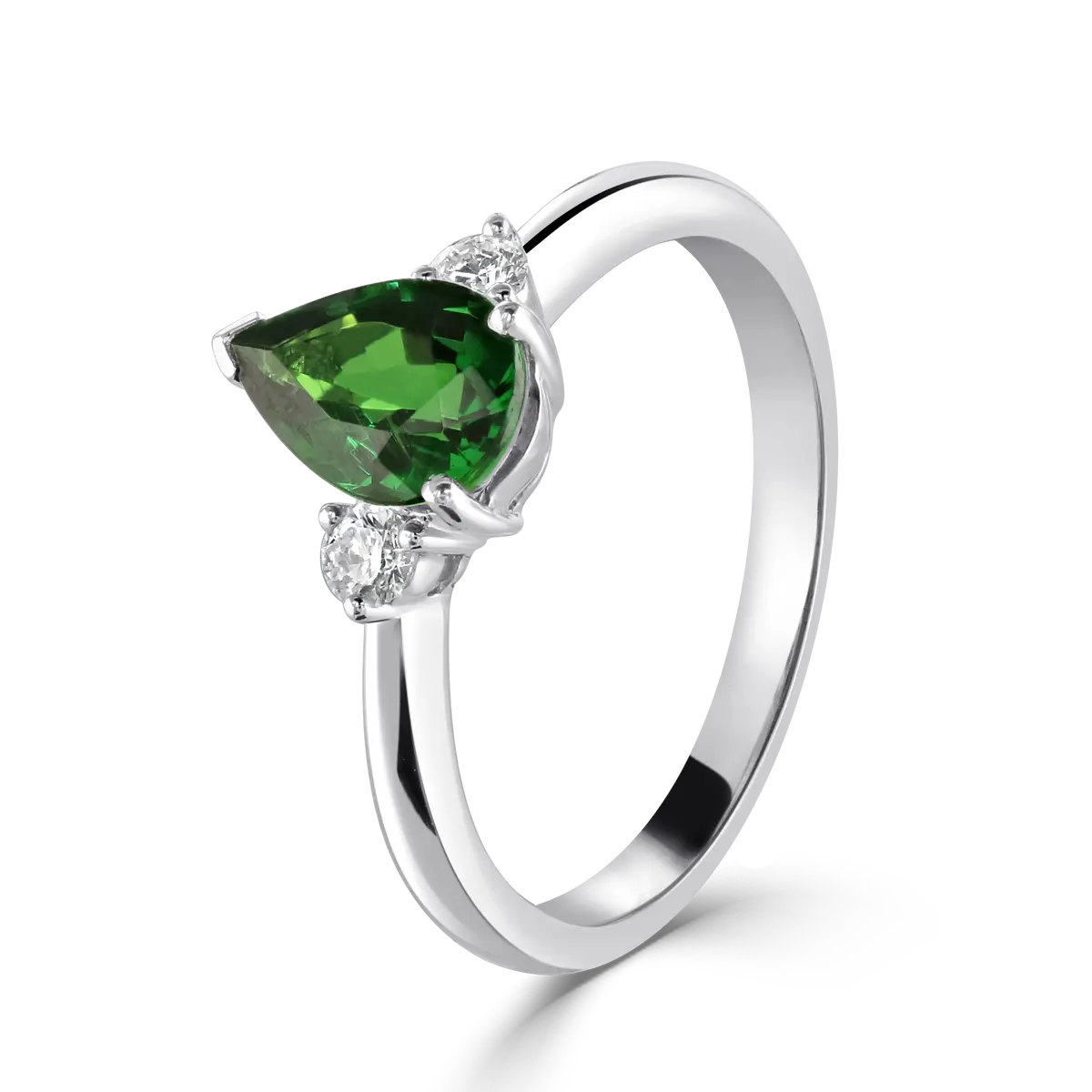 18Ct White Gold Pear Cut Tsavorite & Round Brilliant Cut Diamond Trilogy Ring 1