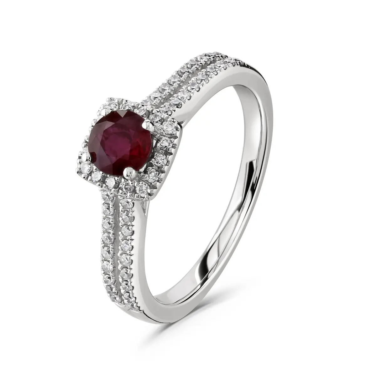 9Ct White Gold Round Cut Ruby & Diamond Halo Cluster Ring With Split Diamond Shoulders 1