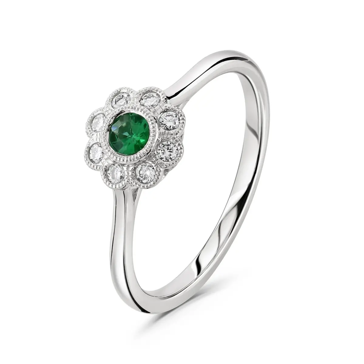 18Ct White Gold Round Cut Emerald & Diamond Millegrain Edged Cluster Ring 1