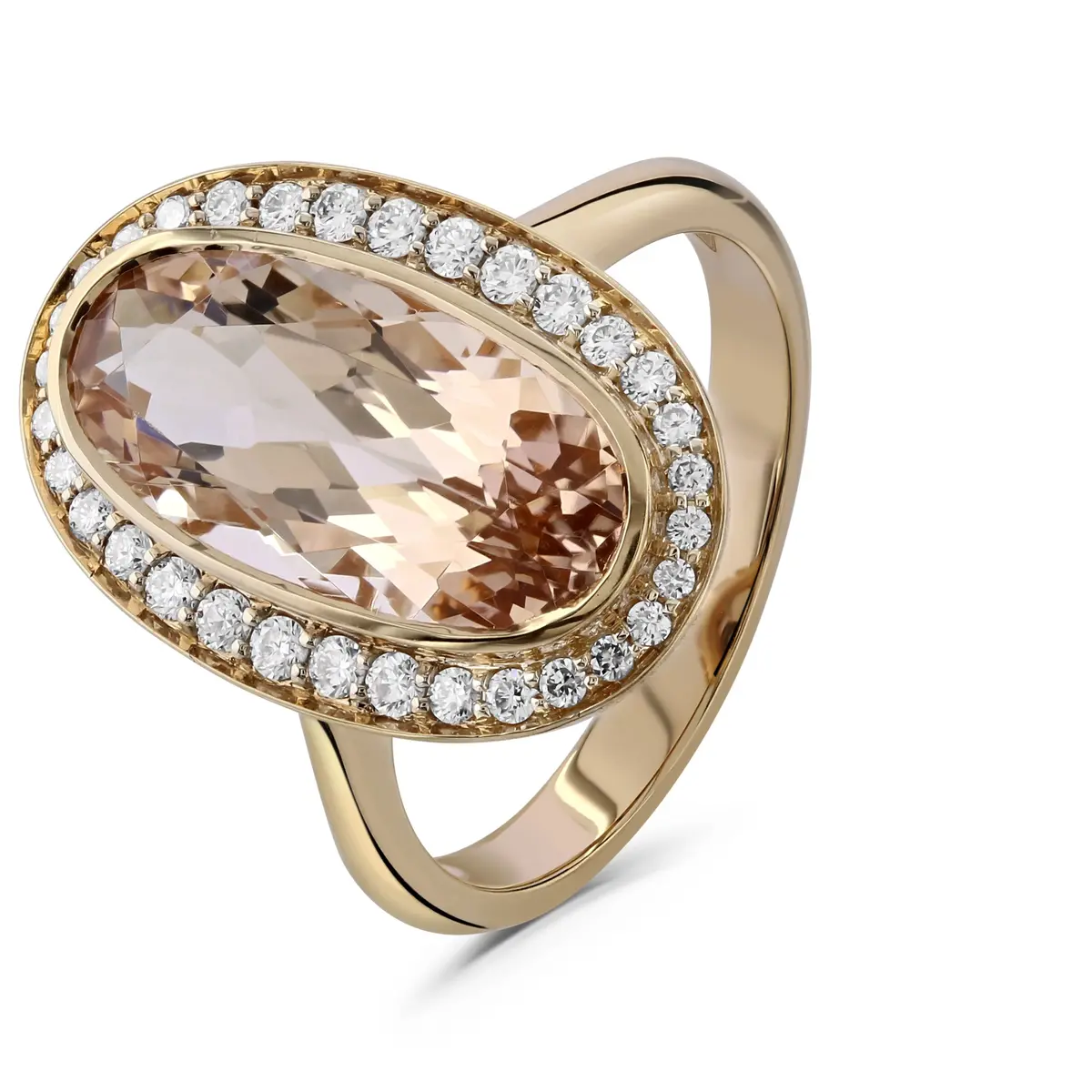 18Ct Rose Gold Oval Cut Morganite & Diamond Halo Cluster Ring 1