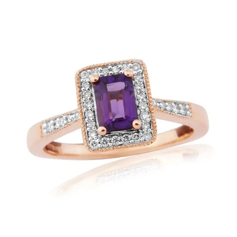 9Ct Rose Gold Emerald Cut Amethyst & Diamond Halo Cluster Ring With Diamond Shoulders 1