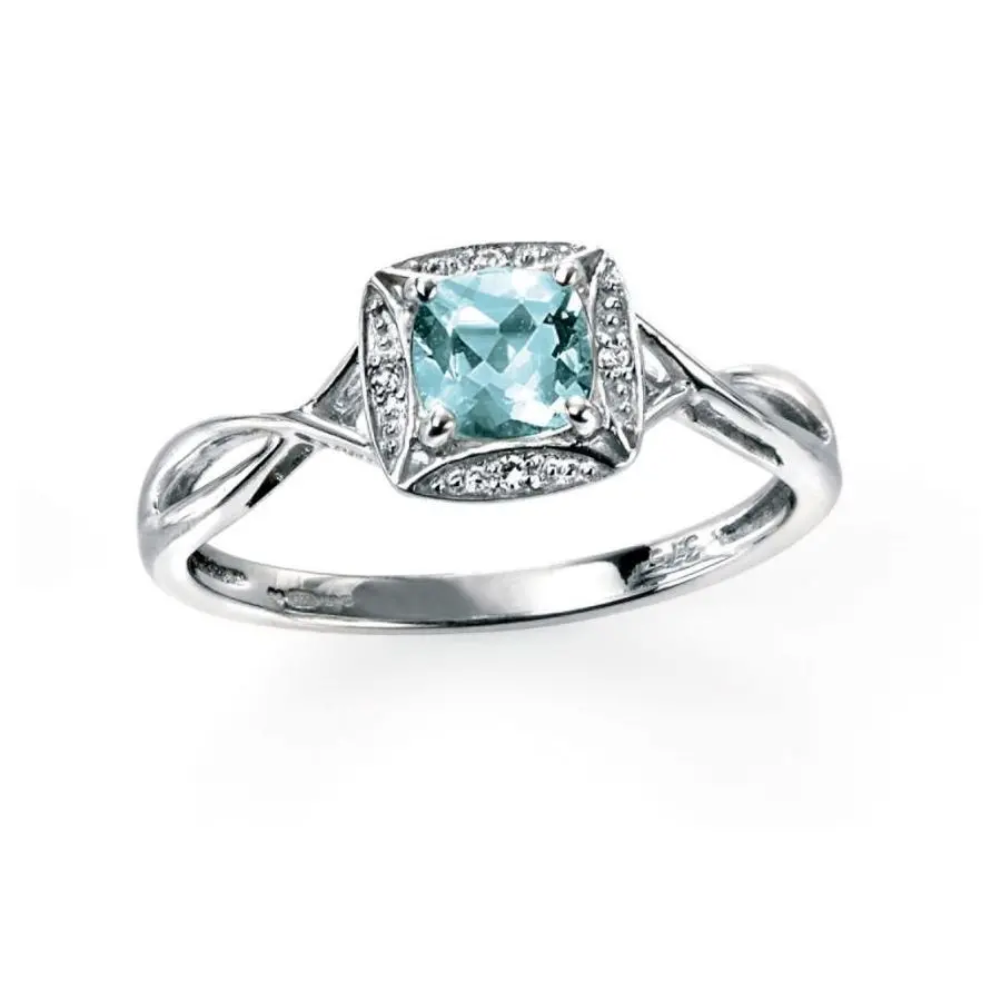 9Ct White Gold Round Cut Aquamarine & Square Shaped Diamond Halo Twist Ring 1