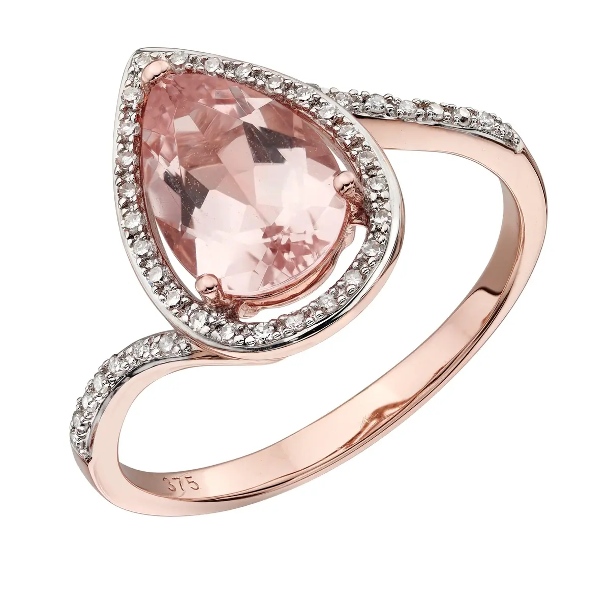 9Ct Rose Gold Pear Cut Morganite & Diamond Halo Cluster Ring With Diamond Shoulders 1