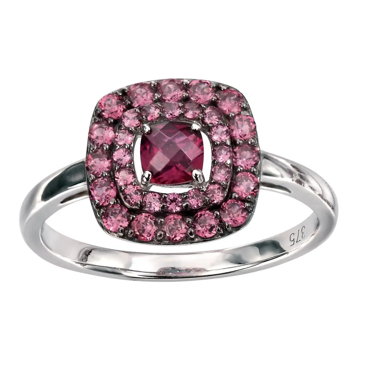 9Ct White Gold Brazilian Garnet Set Double Halo Cluster Ring 1