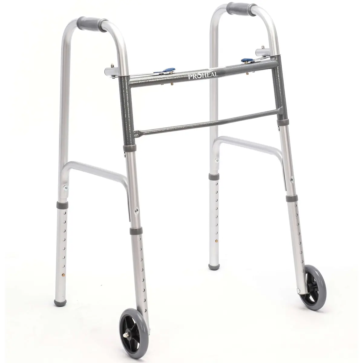 Adult Two-Button Silver Folding Steel Walker With Wheels - 350 Lbs Capacity 1