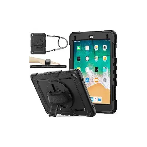 Case For Ipad 6Th / 5Th Generation Case/Air 2 / Pro 9.7 Inch, Heavy Duty Protective With Screen Protector, With Pencil Holder, Hand Strap, Shoulder Strap, 360 Rotate Stand, Black 1