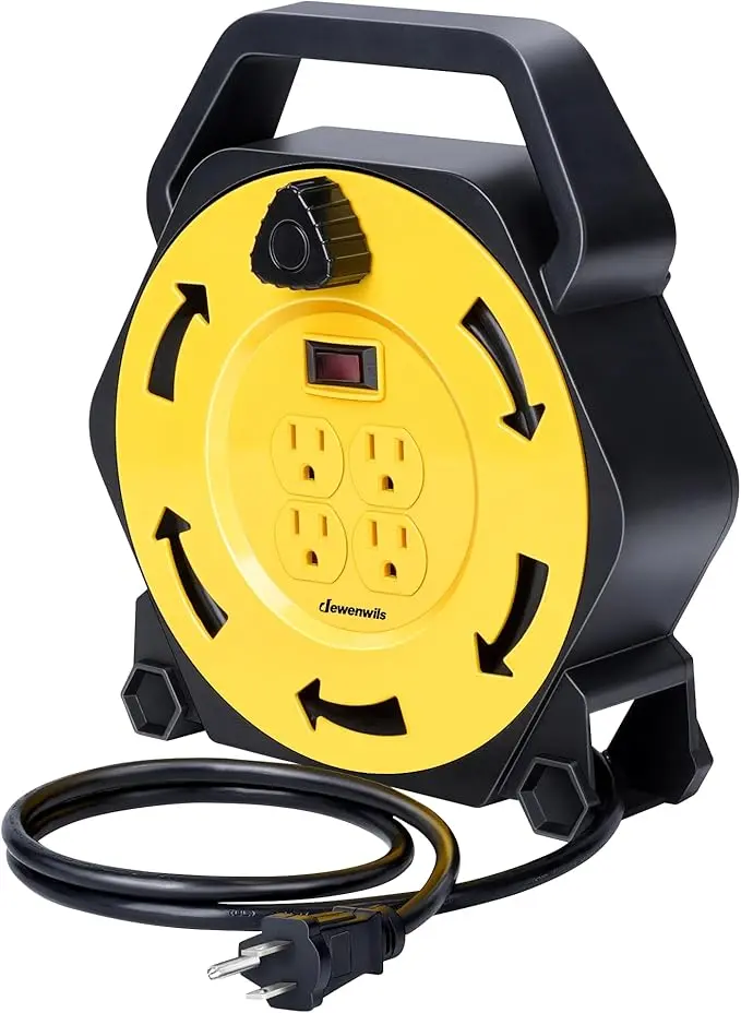 Extension Cord Reel With 25 Ft Power Cord, Hand Wind Retractable, 16/3 Awg Sjtw, 4 Grounded Outlets, 13 Amp Circuit Breaker, Yellow, Black, Ul Listed 1