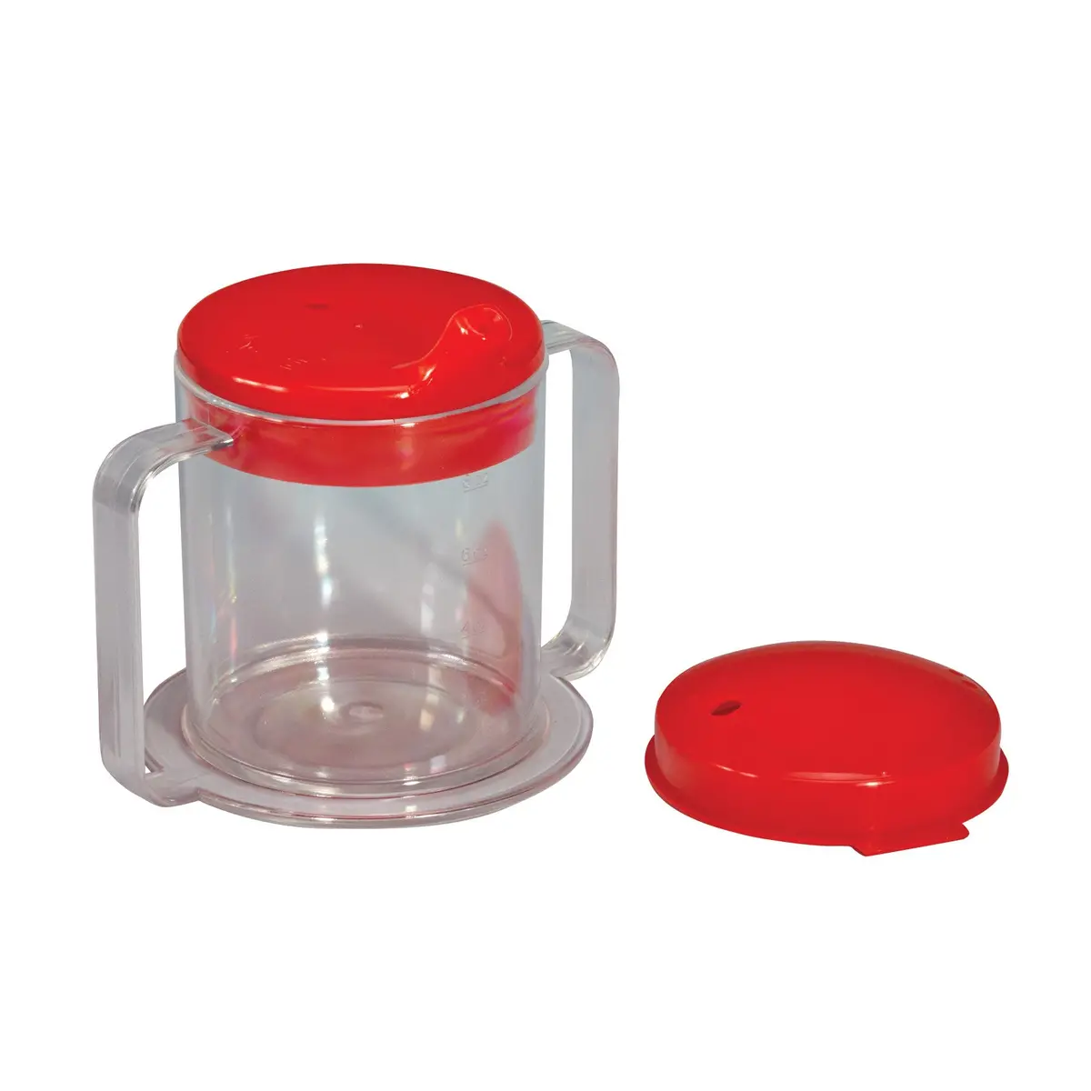 Clear Two-Handled Adaptive Mug With Lid, 10Oz., Red Lid, 10 Per Pack 1