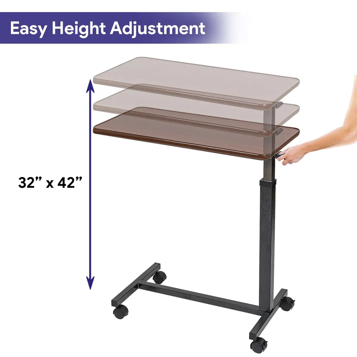 Overbed Table With Wheels - Cherry Wood Top And Adjustable Height 2