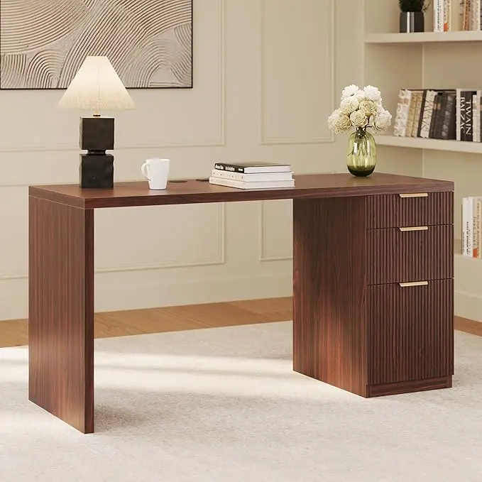 58" Modern Executive Desk With Storage, Home Office Desk With Drawer & Cabinet, Wooden Fluted Desk For Study, Living Room, Bedroom (Dark Walnut) 1