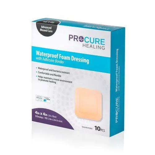 Procure Foam Waterproof Foam Dressing W/Border 4"X 4" - 10Ea/Bx 1