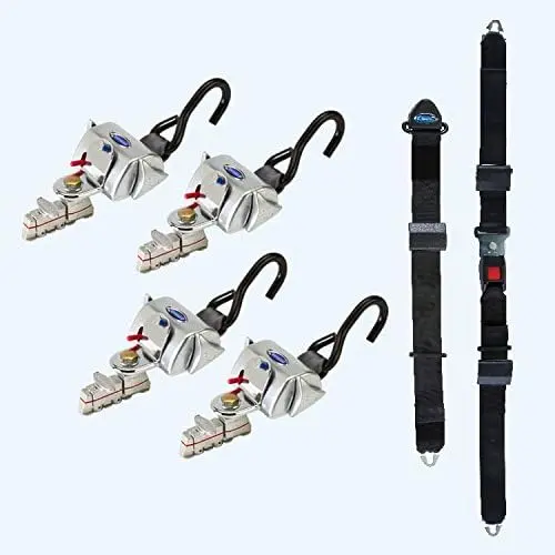 Q'straint Deluxe Retractor Kit For L-Track. Contains 4 Dual Knob Retractors With Positive Lock Indicators And L-Track Fittings And Manual Lap And Shoulder Belt Combo 1