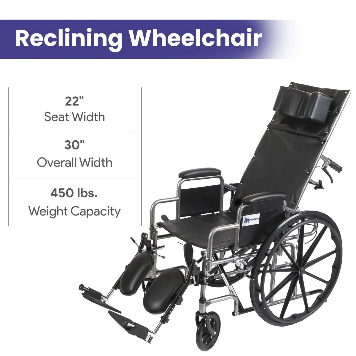Bariatric High Back Reclining Wheelchair 22 Inches – 450 Lb Weight Capacity 2