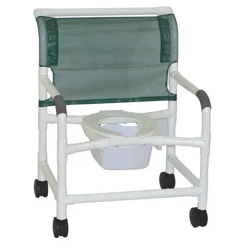 Wide Shower Chair 26" Internal Width, Open Front Seat, 4" Twin Casters, 10 Qt. Slide Out Commode Pail, No Bar In Back, 425 Lbs Weight Capacity White 1