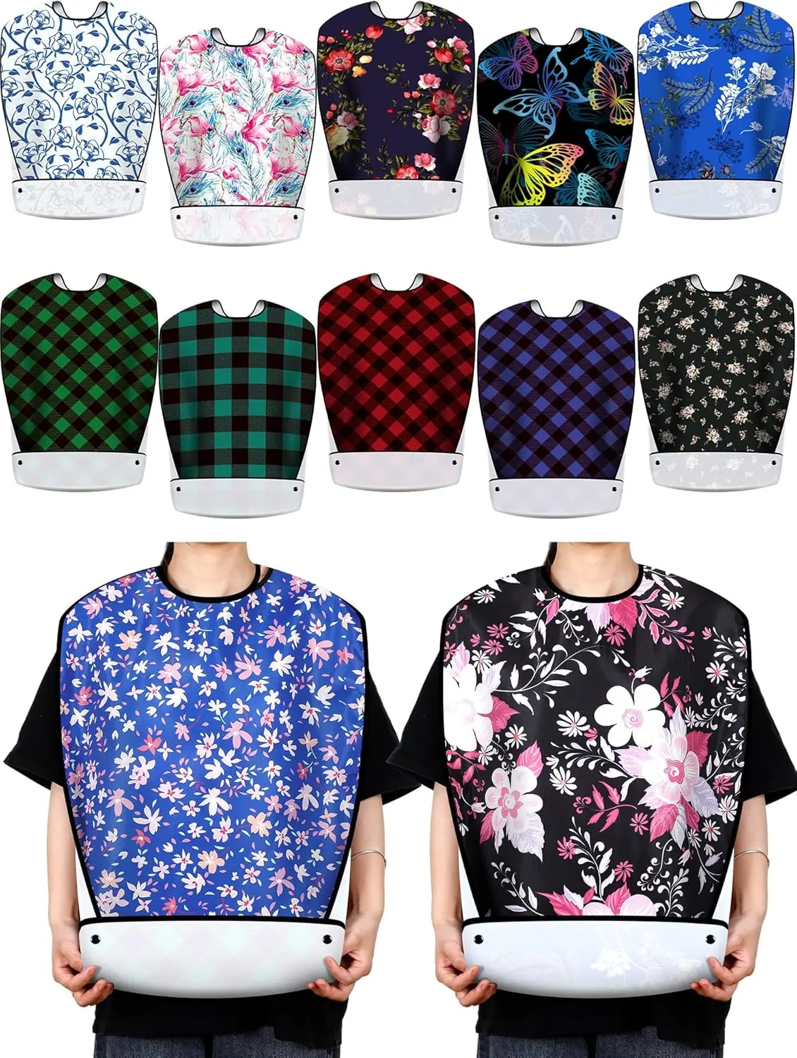 12 Pack Of Washable Adult Bibs, Waterproof , Washable With Optional Crumb Catcher With Adjustable Snap Closure 1