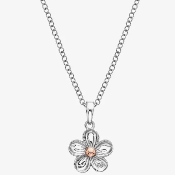 Silver And Rose Gold Plated Diamond Set Forget Me Not Pendant On A 16-18' Silver Chain 1